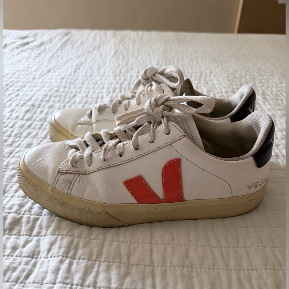Veja White Leather Sneakers with Red V and Black Heel